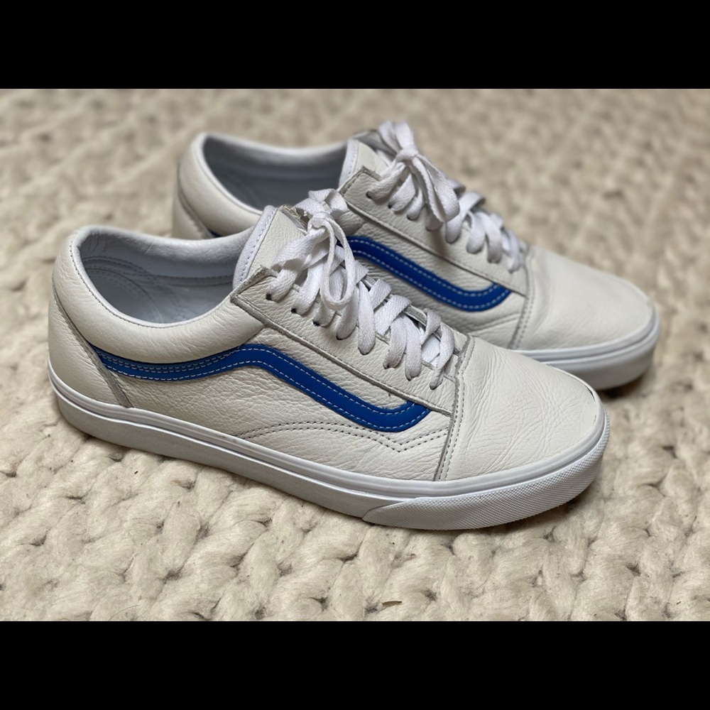 Vans Old Skool Leather Mens size 8.5 white w/blue